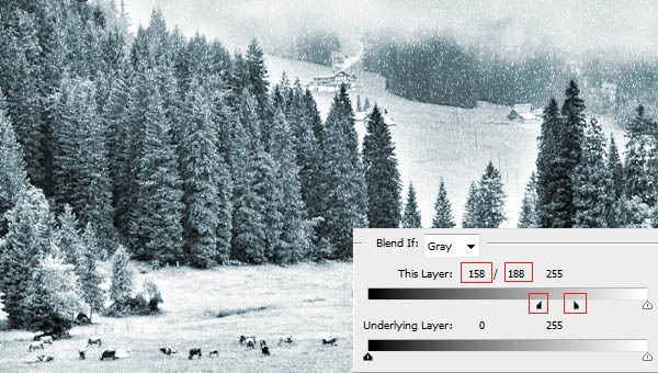 Photoshop快速把绿色风景图片转为雪景效果